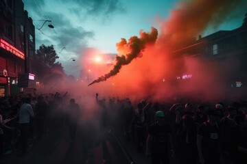 Obraz na płótnie Canvas The scene shows a massive and spirited group of sports fans making their way down a street near the stadium, carrying flares and colored smoke in the colors of their club Generative AI
