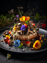 Fototapeta na wymiar restaurant quality grilled mushroom salad with flowers