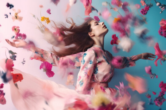flying woman colorful falling art spring flower person fashion peony beauty. Generative AI.