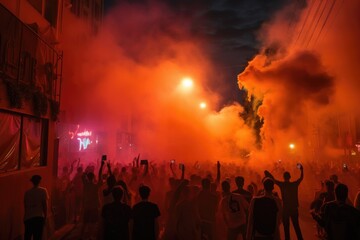 The scene shows a massive and spirited group of sports fans making their way down a street near the stadium, carrying flares and colored smoke in the colors of their club Generative AI