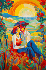 Summer Romance: An Abstract Painting of a Colorful Couple Sharing a Kiss in Warm Orange Hues