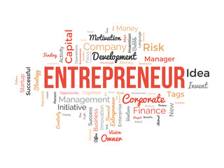 Fototapeta premium Word cloud background concept for Entrepreneur. Business management, finance success and creative development, startup vision of leadership idea. vector illustration.