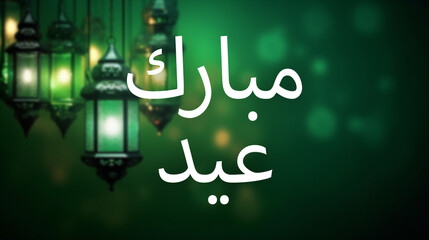 Aïd moubarak or Eid Mubarak text on the first plan, white ramadan lanterns on the second plan. End of Ramadan, green and red background. Arabic translation : Blessed festival.