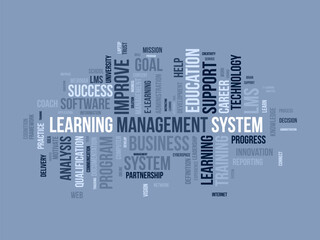 Word cloud background concept for Learning Management System(LMS). Business development goal, analysis of success knowledge improvement. vector illustration.