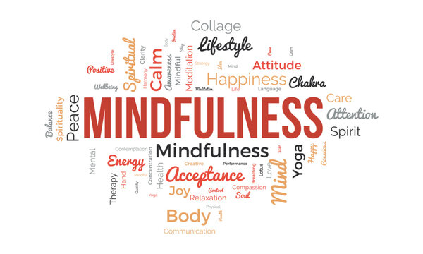 Word cloud background concept for mindfulness. Spiritual meditation, consciousness harmony and paece mind, happiness of mental soul. vector illustration.