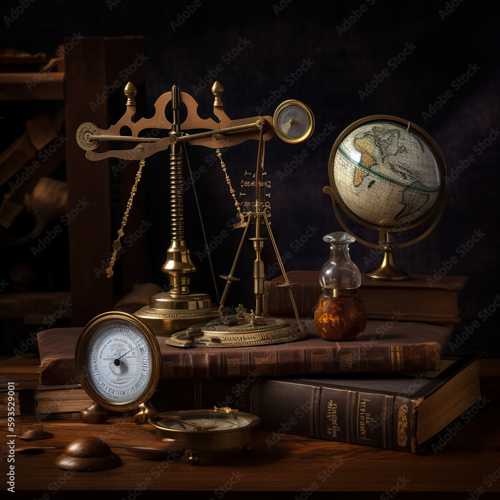 Poster a scale with a compass, a globe, a beakle, and other items on a table. ai generative image