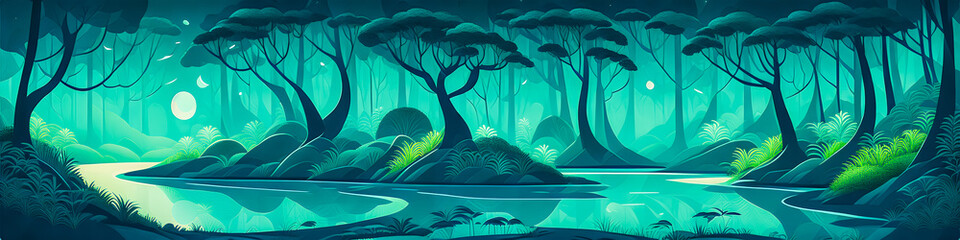 A Nighttime Scene of an Old, Dark Green Jungle. Trees, Vines, and a Small Lake. Illustrative Style, Vector Art. Generative AI.