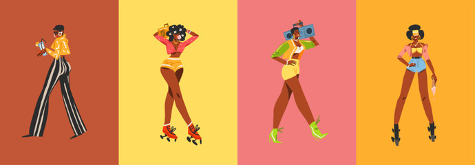 Hand drawn vector abstract graphic contemporary illustrations characters collection set of young happy vintage african american women roller skaters,on disco party,90s feminine retro.Funky characters.