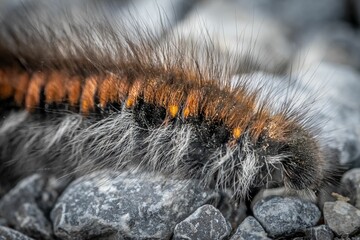 Closeup of a caterpillar with a cylindrical body on stones