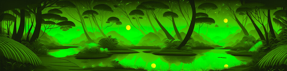 Fototapeta premium A Nighttime Scene of an Old, Dark Green Jungle. Trees, Vines, and a Small Lake. Illustrative Style, Vector Art. Generative AI.