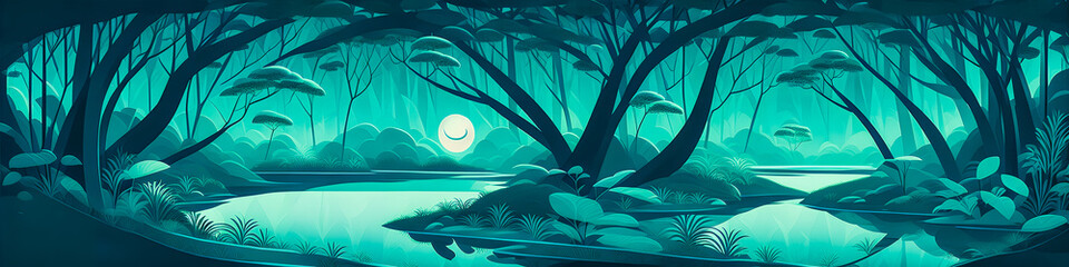 Fototapeta na wymiar A Nighttime Scene of an Old, Dark Green Jungle. Trees, Vines, and a Small Lake. Illustrative Style, Vector Art. Generative AI.