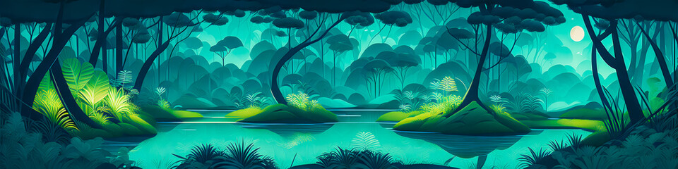 A Nighttime Scene of an Old, Dark Green Jungle. Trees, Vines, and a Small Lake. Illustrative Style, Vector Art. Generative AI.