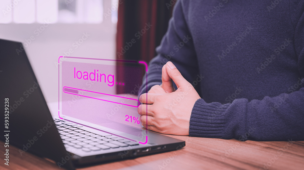 Poster Man using a laptop for download software and waiting to loading digital game online data, update program computer form website, concept of waiting for load of loading bar.