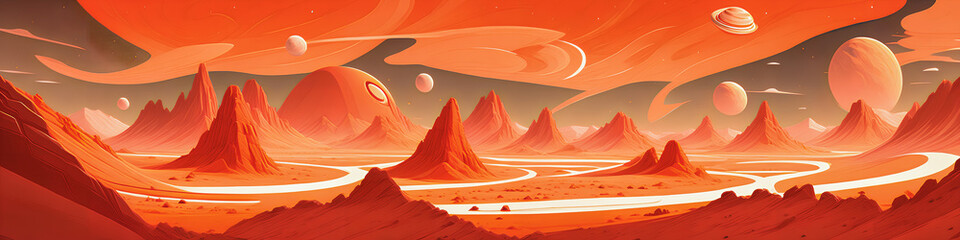 Red planet with rocky terrain, in a stylized drawing, Generative AI.