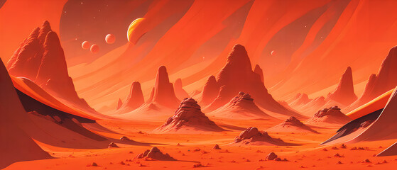 Fototapeta na wymiar Red planet with rocky terrain, in a stylized drawing, Generative AI.