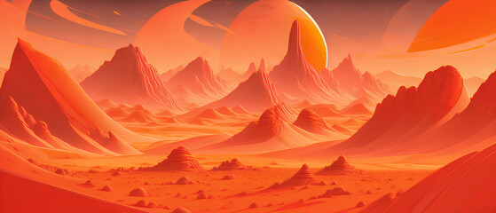 Red planet with rocky terrain, in a stylized drawing, Generative AI.