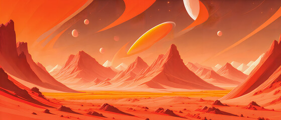 Red planet with rocky terrain, in a stylized drawing, Generative AI.