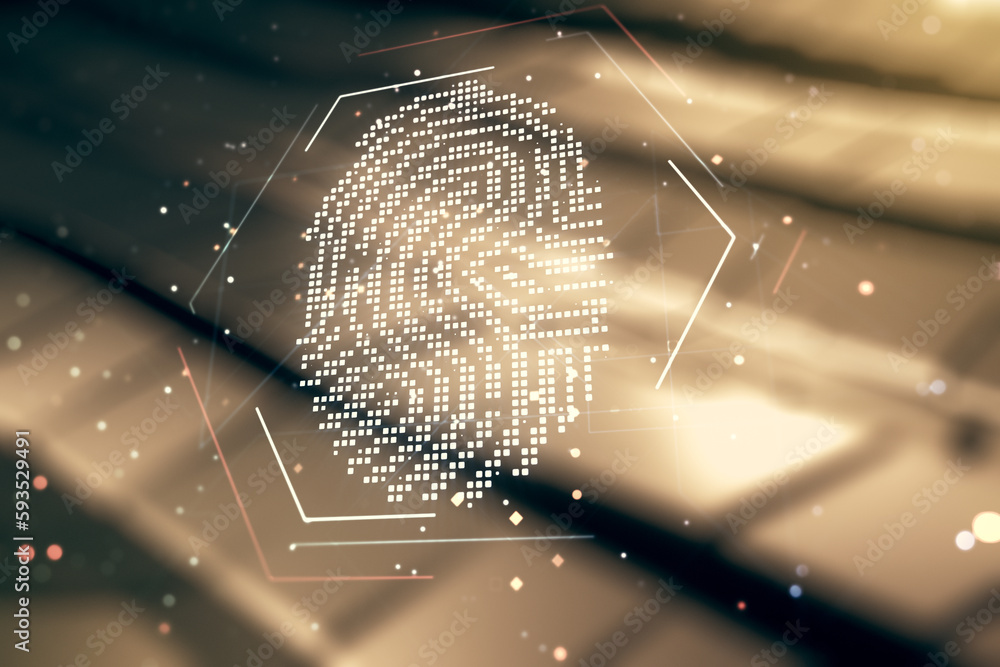 Poster multi exposure of virtual graphic fingerprint sketch on abstract metal background, fingerprint scan 