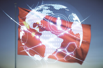 Double exposure of social network icons hologram and world map on Chinese flag and blue sky background. Marketing and promotion concept