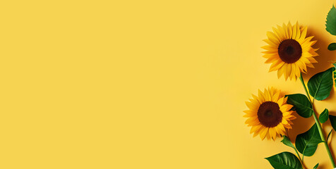 sunflowers over yellow background, panoramic layout. Generative Ai