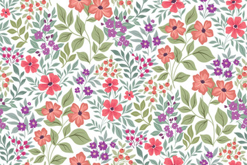 Seamless floral pattern, decorative ditsy print with gentle spring garden, wild plants. Cute botanical design with small hand drawn flowers, leaves, branches, herbs. Vector illustration.