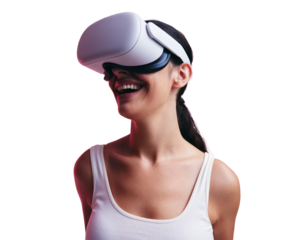 Smiling woman with a virtual reality headset isolated on a transparent background