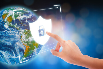 Hand touch Cybersecurity secure data network technology, cyberattack protection for worldwide
