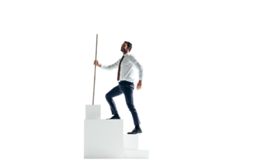 Business man climbing a block of stairs on a transparent background
