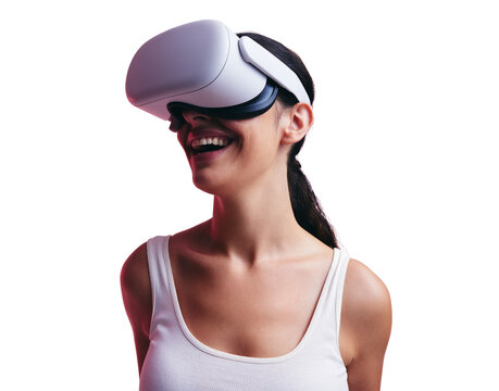 Smiling woman with a virtual reality headset isolated on a transparent background