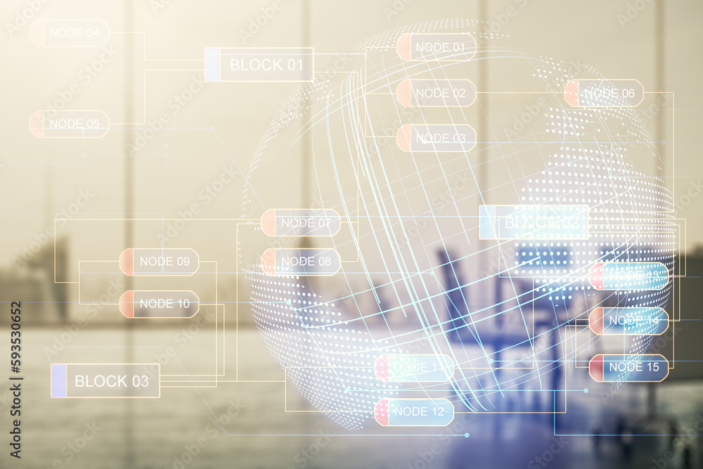 Poster Multi exposure of abstract programming language hologram and world map on a modern furnished office interior background, artificial intelligence and neural networks concept