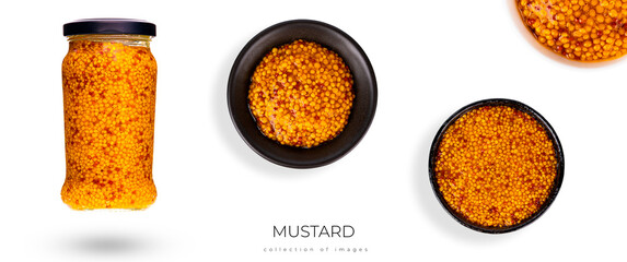 Wholegrain mustard in bowl isolated on white background.