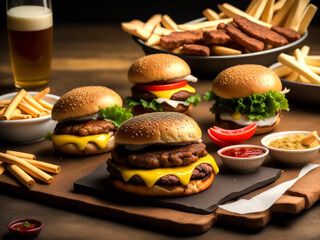 A table topped with hamburgers and fries next to a glass of beer and a plate of fries and a plate of fries