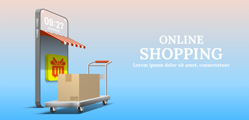 Store in the form of phone with shopping basket icon on screen. Parcel box on shopping cart. Online shopping concept 3d vector.