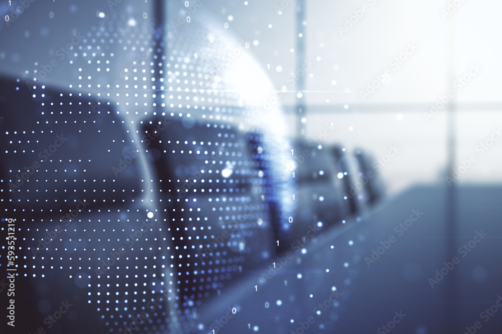Poster Multi exposure of abstract graphic world map on a modern furnished classroom background, big data and networking concept