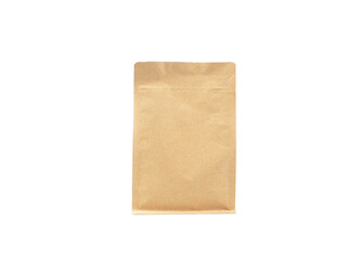 Brown craft paper bag packaging with zipper for roasted coffee beans template isolated on a white background. Package mock-up for coffee or dry seeds product..