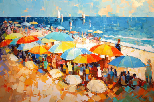 Sun-kissed Beach: An abstract painting of beach umbrellas, people and sea