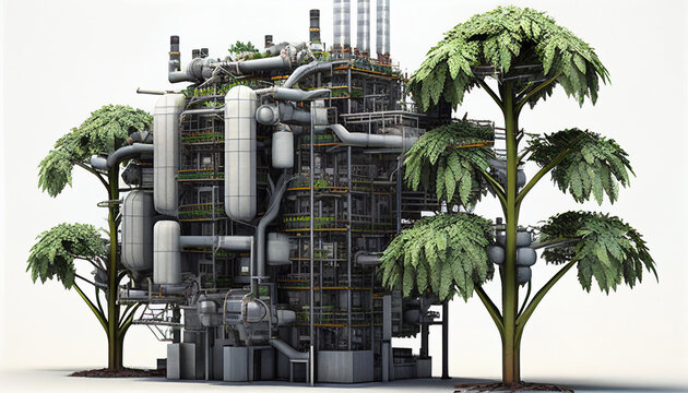 Anlagenbau Kraftwerk mit Pflanzen und Bäumen futuristisch, Generative AI 