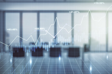Abstract virtual financial graph hologram on a modern conference room background, forex and investment concept. Multiexposure