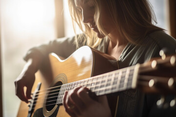 Fototapeta premium Acoustic guitar being played by a woman in her forties, Close-up view, with generative AI technology 
