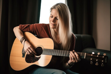 Fototapeta premium Woman of 40 years strumming an acoustic guitar, with generative AI technology