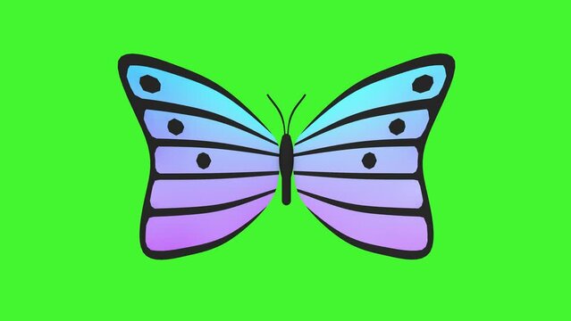 Abstract butterfly flies, flaps its wings on a green screen. Butterfly with colorful iridescent wings. 3D loop animation