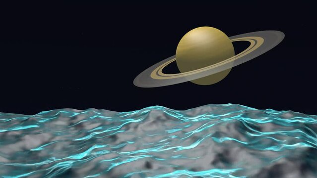 Water waves on the background with a view of Saturn in space. 3D animation. Space, galaxy and space science concept. Video for fantasy.