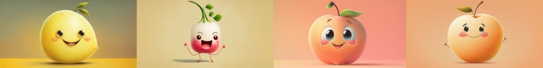 Happy smiling fruits cartoon characters package set, funny cute vegetables mix stickers personages icons trendy pack collection on color background, healthy organic diet food concept. AI generative.