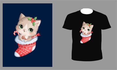 Blue Illustrated Cute Christmas Cat T-Shirt, t-shirt and apparel trendy design, elegant and classic design source, vectors for T-shirts designs, graphics resource for t shirt, t shirt graphics resourc
