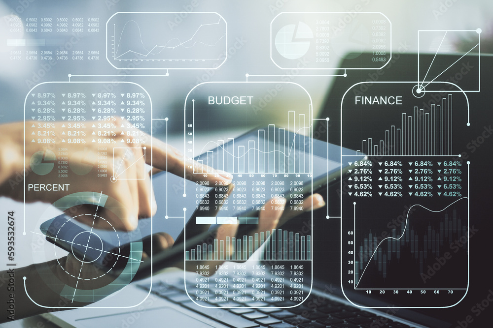 Poster double exposure of abstract creative statistics data hologram with finger clicks on a digital tablet
