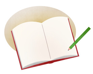 開いた赤いノートとメモを取る鉛筆