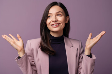 Leading with Confidence and Communicating with Impact: Businesswoman presenting and gesturing with hands on purple background with space for text. Copy space. Leadership concept AI Generative