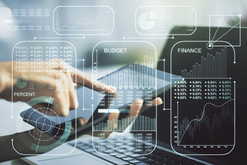 Double exposure of abstract creative statistics data hologram with finger clicks on a digital tablet on background, statistics and analytics concept