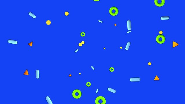 3D animation in the style of the 90s. Bright blue background, intro. Small multi-colored figures on a blue background, camera movement.