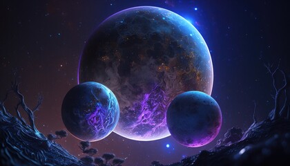 Blue planet with three moons covered with purple luminous organic web